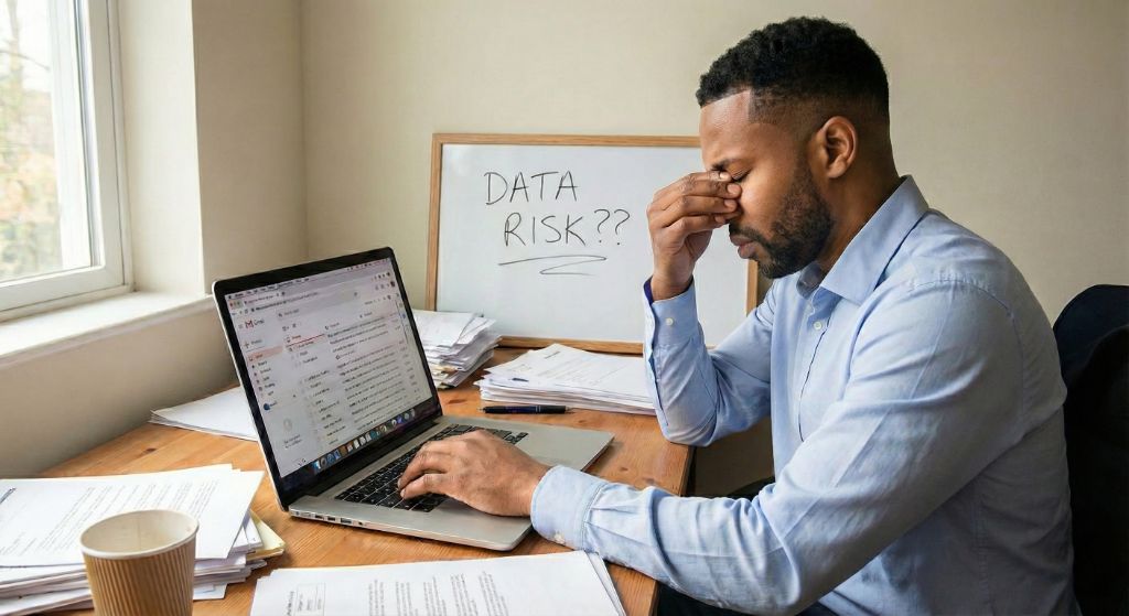 Business owner stressed about data security risks while reviewing email inbox with whiteboard showing data risk concerns