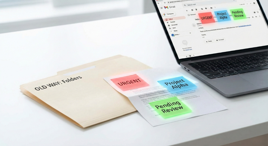Gmail inbox with organized labels showing urgent, project alpha, and pending review sticky notes