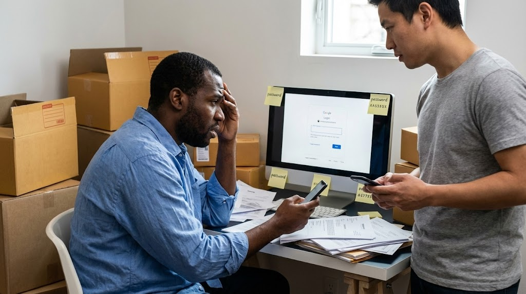 Business owner frustrated checking phone for 2FA verification code while managing overflowing Gmail inbox